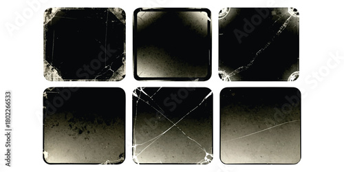 Set of distressed film frames with scratches and cracks texture isolated on white background