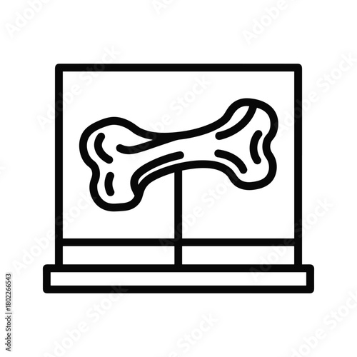 Simple black line icon of a stylized bone displayed within a glass case, representing anatomy or paleontology.