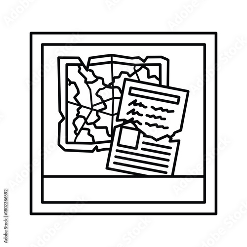 Lost or discovered data: hand-drawn map and torn document icon representing travel and information search