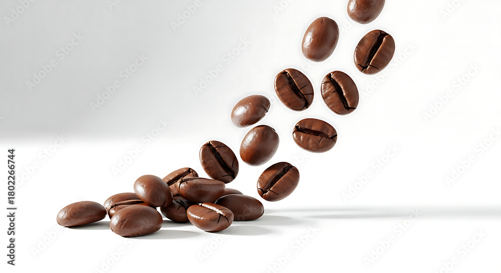 Obraz premium Freshly roasted coffee beans falling and accumulating in a pile against a clean white background
