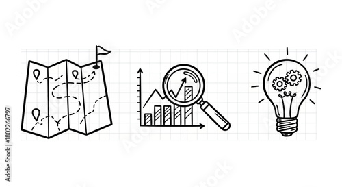 Innovative analytics and exploration icons with map, graph, and bulb on grid