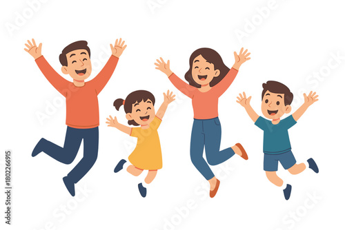 Happy family of four jumping high with arms raised in celebration