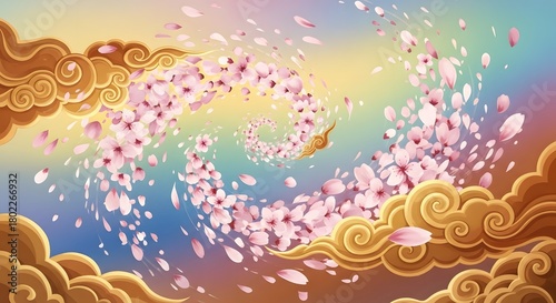 Elegant cherry blossom petals swirling amidst golden clouds against a soft pastel gradient background art