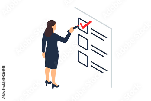 Businesswoman checking off completed task on isometric checklist board