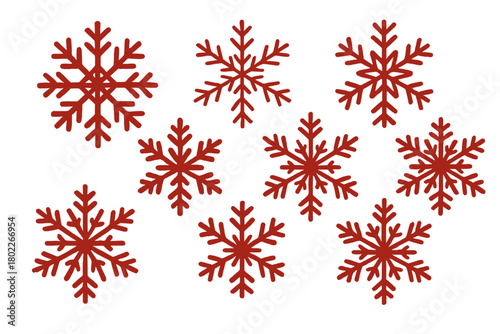 Stylized red snowflakes assortment on a clean white background