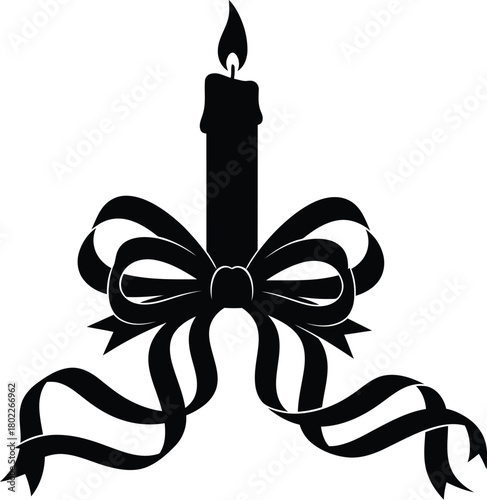 Silhouette of a candle adorned with a ribbon, casting a soft glow in the darkness, creating a somber atmosphere