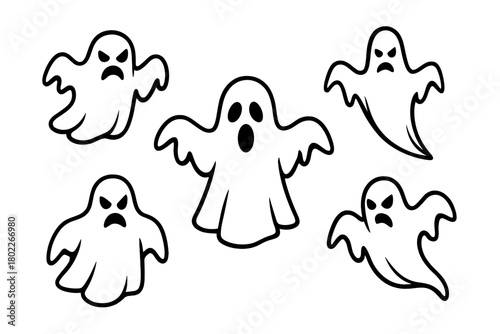Five cartoon ghosts with various spooky facial expressions