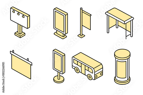 Isometric collection of outdoor advertising structures and public transport icons