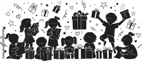 Children celebrating with gifts and love in whimsical monochrome illustration
