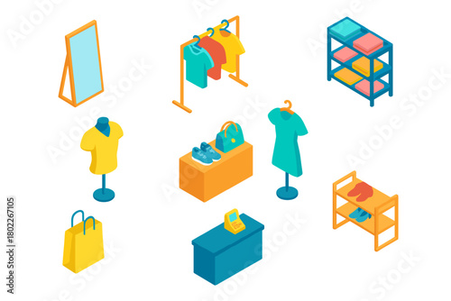 Isometric retail shop elements including clothing racks, mannequins, mirror, and checkout counter