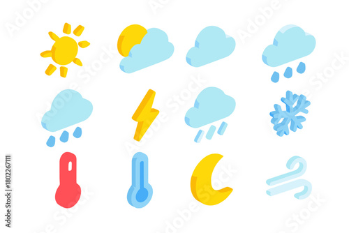 Isometric weather forecast icons set for mobile app and web design