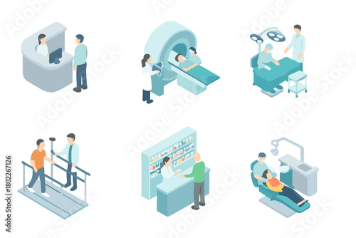 Isometric scenes illustrating modern medical services and various healthcare procedures