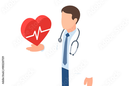 Physician presenting large red heart with electrocardiogram line symbolizing cardiology and health