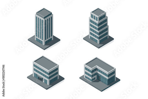 Four modern isometric city buildings and corporate blocks for urban planning