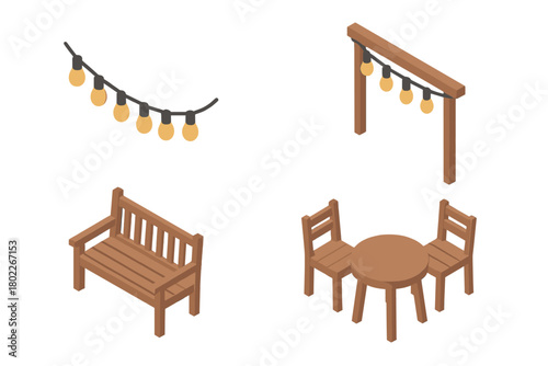 Isometric wooden outdoor furniture set with decorative string lights