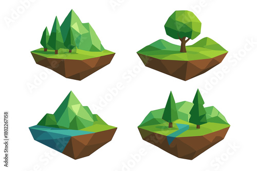 Four low poly geometric floating islands with mountains trees and rivers