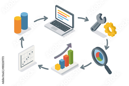Circular diagram of data processing system optimization and business financial growth metrics