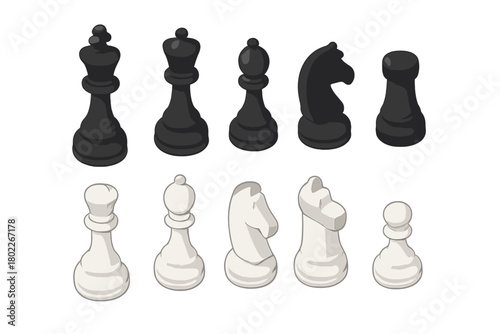 Black and white isometric chess pieces for board game design elements