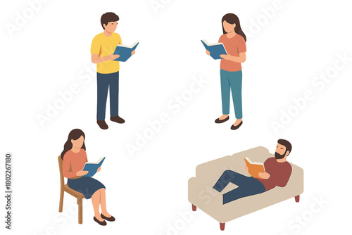 Isometric diverse people reading books in relaxed poses