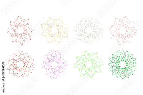 Variety of colorful abstract starburst shapes isolated on