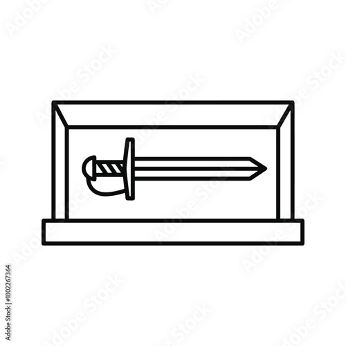 Sword in display case outline icon vector. ancient weapon artifact exhibit illustration, historical museum object.