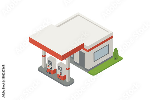 Isometric view of modern gas station building with fuel pumps