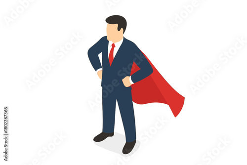 Isometric businessman with red superhero cape standing confidently