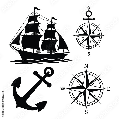 Nautical elements including a sailing ship anchor and compass roses