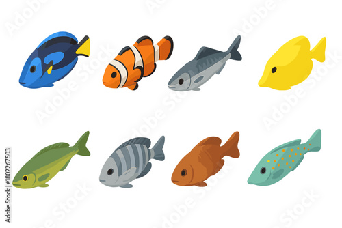 Collection of colorful tropical and saltwater fish icons in isometric style