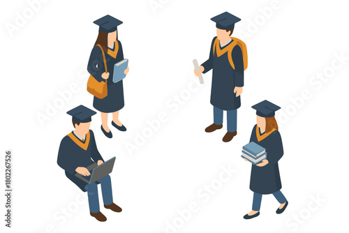 Isometric diverse graduates in academic regalia holding books and diploma