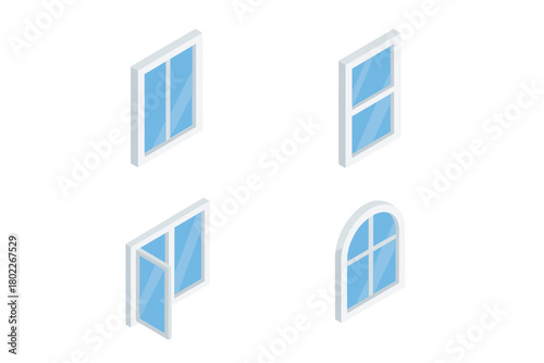 Four isometric white window frames with blue glass panes