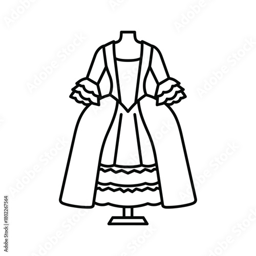 Historical period gown on dress form line art icon. vintage baroque rococo fashion costume outline illustration vector drawing