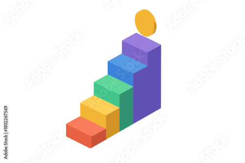 Isometric rising bar chart steps with golden coin icon