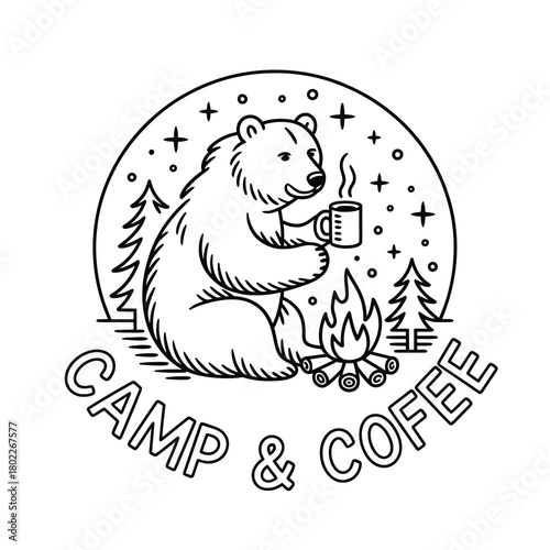 Bear enjoying coffee by campfire in forest under stars