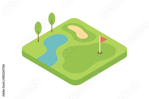Isometric golf course hole with green flag sand trap and water hazard
