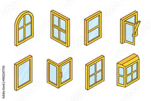 Isometric set of various yellow window frames with clear glass panes
