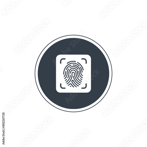 Fingerprint scan in circular frame representing biometric security and identification technology for access control and personal data protection.