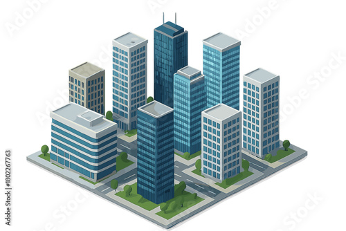 Isometric city block featuring modern high-rise buildings and surrounding green space