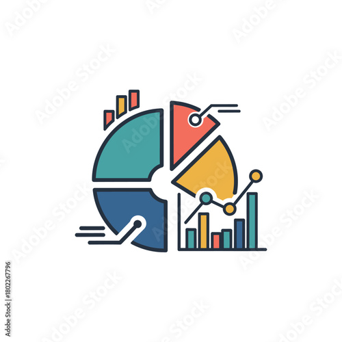 Pie chart displays data analysis with bar graphs and connecting lines, showcasing statistical information in a modern and informative way.