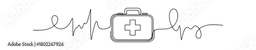 First Aid Kit with EKG Line Heartbeat in Outline on Transparent Background