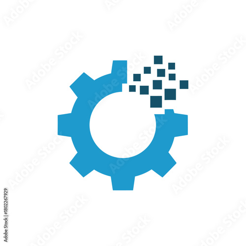 Blue gear transforms into digital pixels against white backdrop, symbolizing technological advancement and innovation in a modern, clean style.