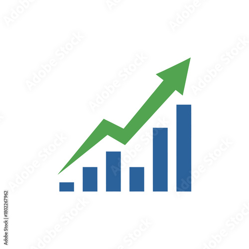 Rising green arrow and blue bars showing positive growth on white backdrop symbolizing financial success and market improvement.