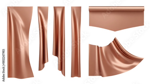 Shimmering copper satin fabric drapes, banners, and unfurling cloth elements set