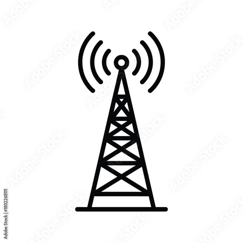 Line art illustration of a communication tower broadcasting signals