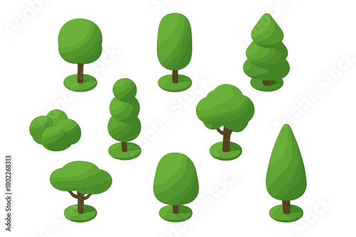 Isometric stylized green tree and bush collection for game assets