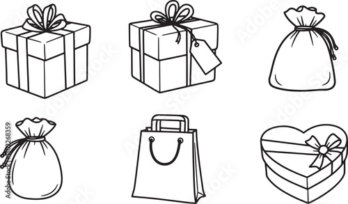 Collection of diverse present box and bag illustrations in black and white