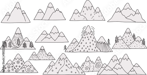 Collection of hand drawn mountain range illustration set for creative use