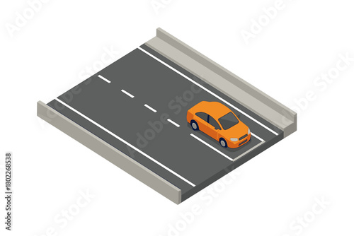 Isometric orange sedan parked on highway lane with guardrails