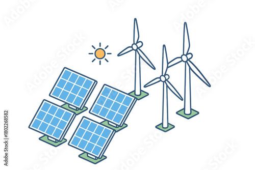 Solar panels and wind turbines generating renewable energy in isometric view