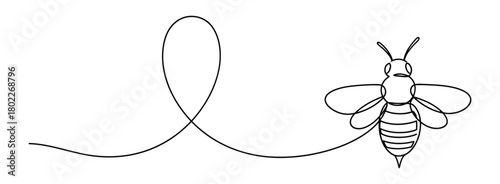 Flying Bee Continuous Line Art. Honeybee Flight Path Outline on White Backdrop